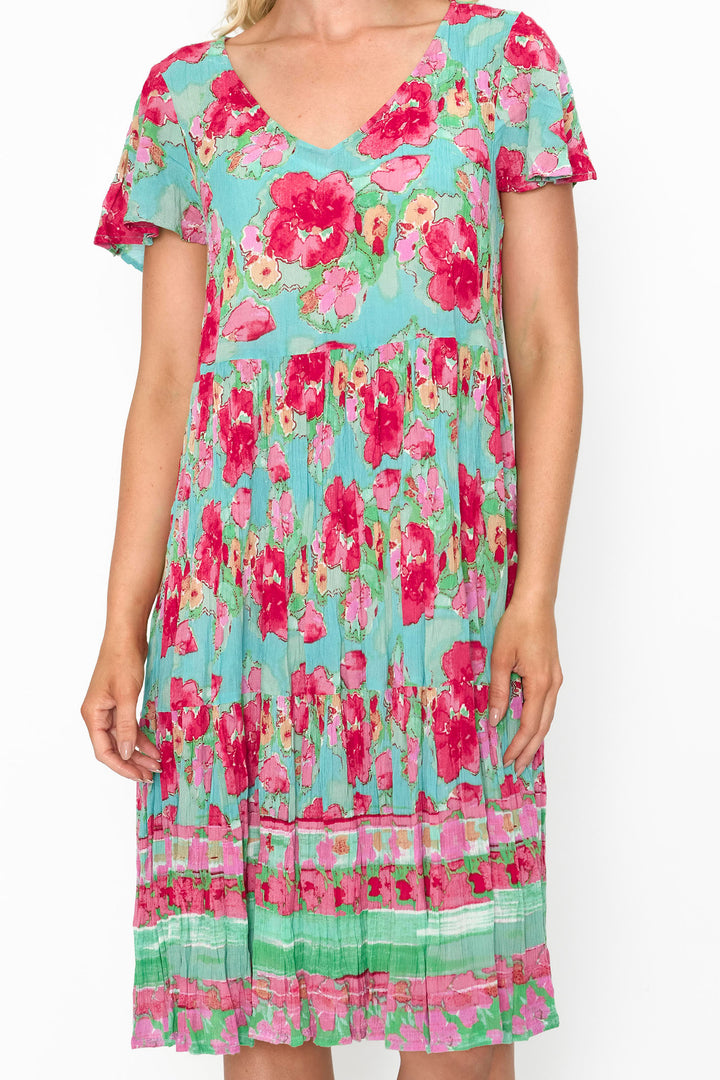 One Summer DW71F Kimberley Turquoise Floral Print Smock Dress - Experience Boutique