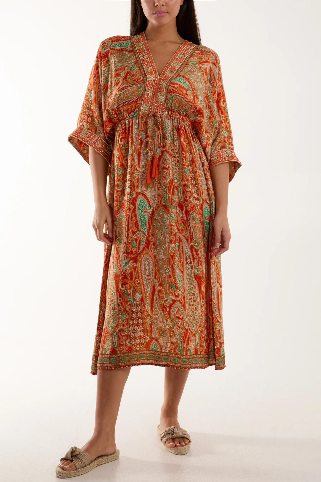 Orange Art Silk V-Neck Embroidered Dress