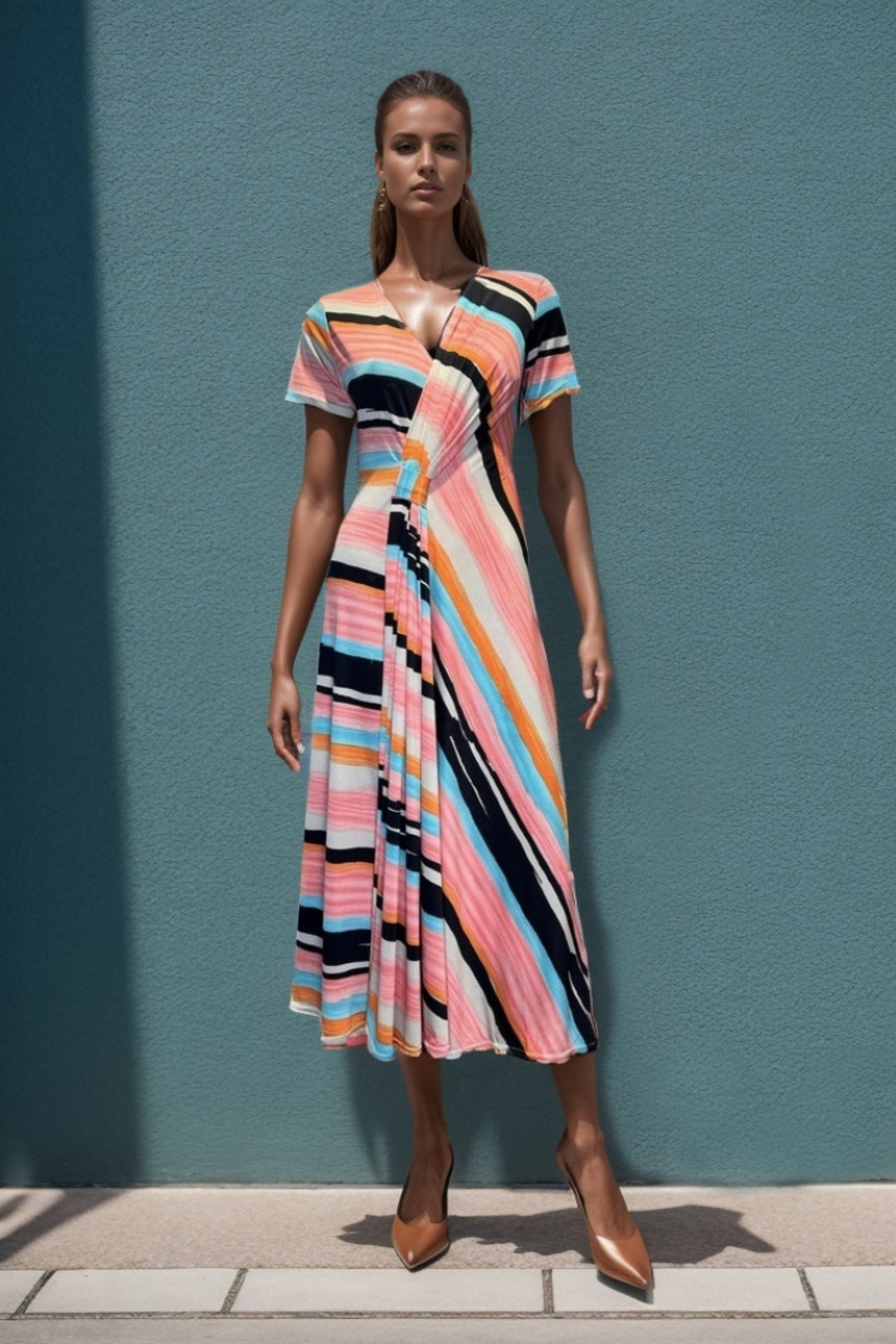 Peach Retro Stripe Stretch Dress