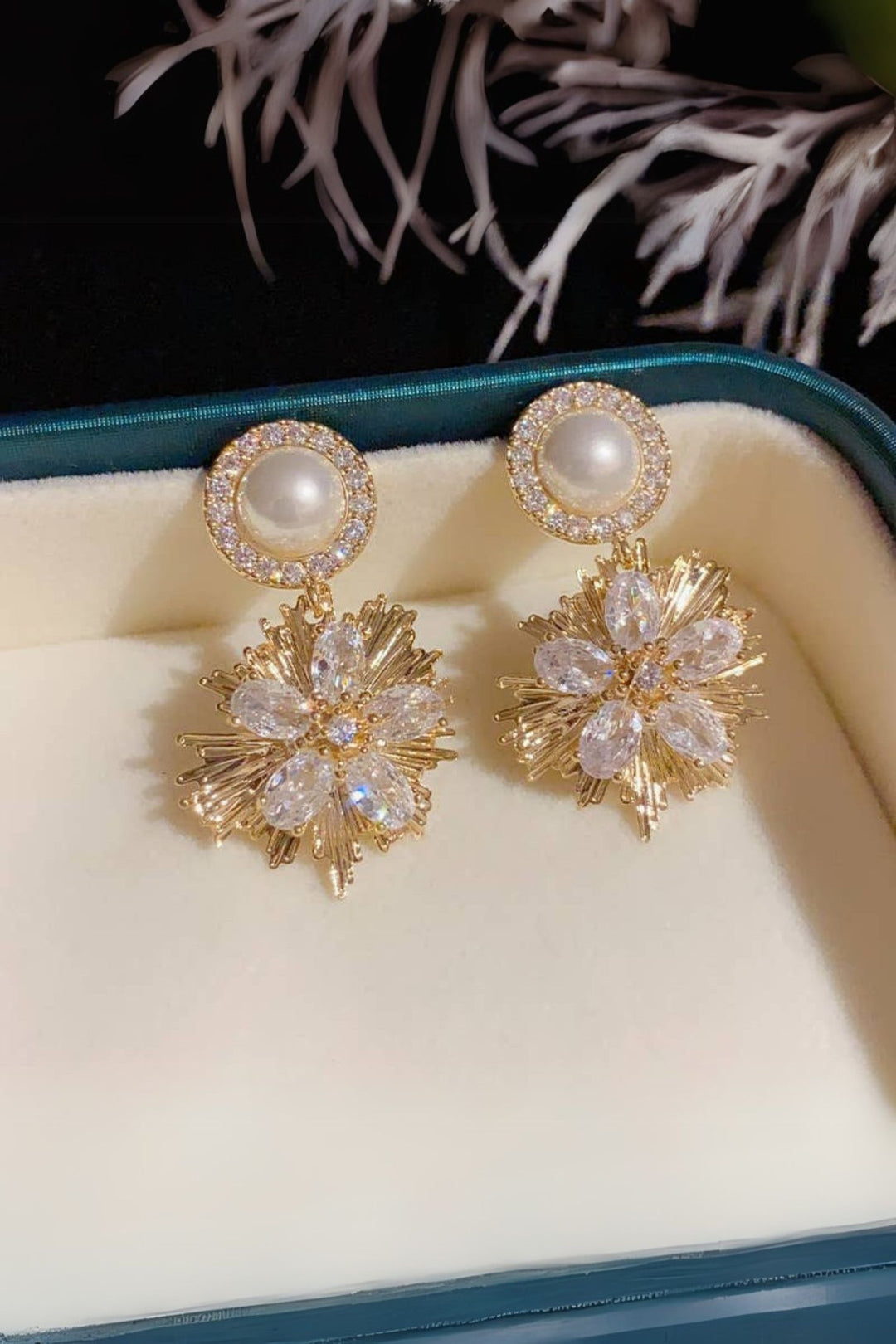 Crystals Flowers and Pearl Earrings in Gold Tone