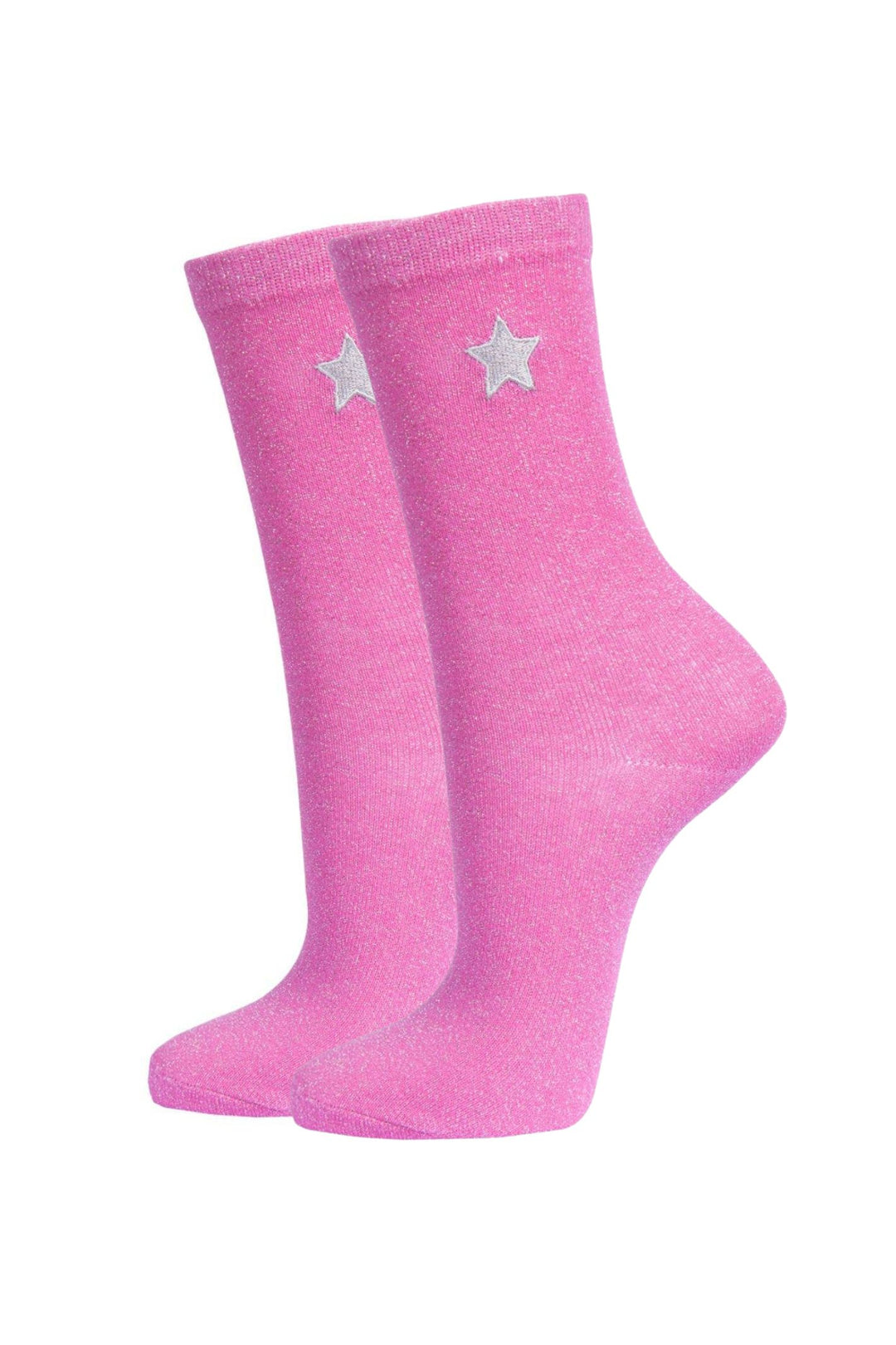 Pink Glitter Socks Embroidered Star Ankle Socks