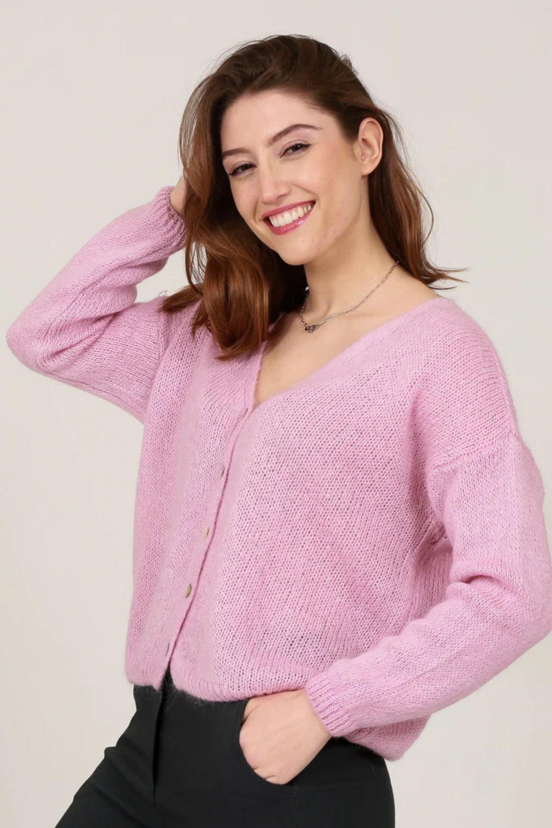 Pink Mohair Button Through Knitted Cardigan