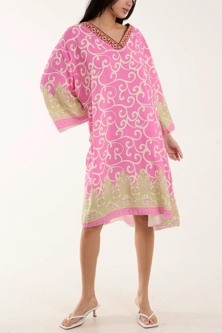Pink Scroll Print Embroidered Holiday Cover Up