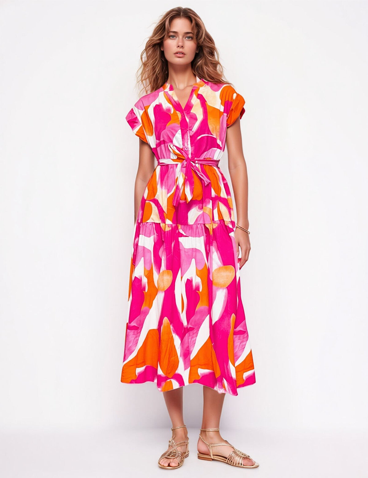 Pink & Orange Circle Print Midi Shirt Dress – Experience Boutique