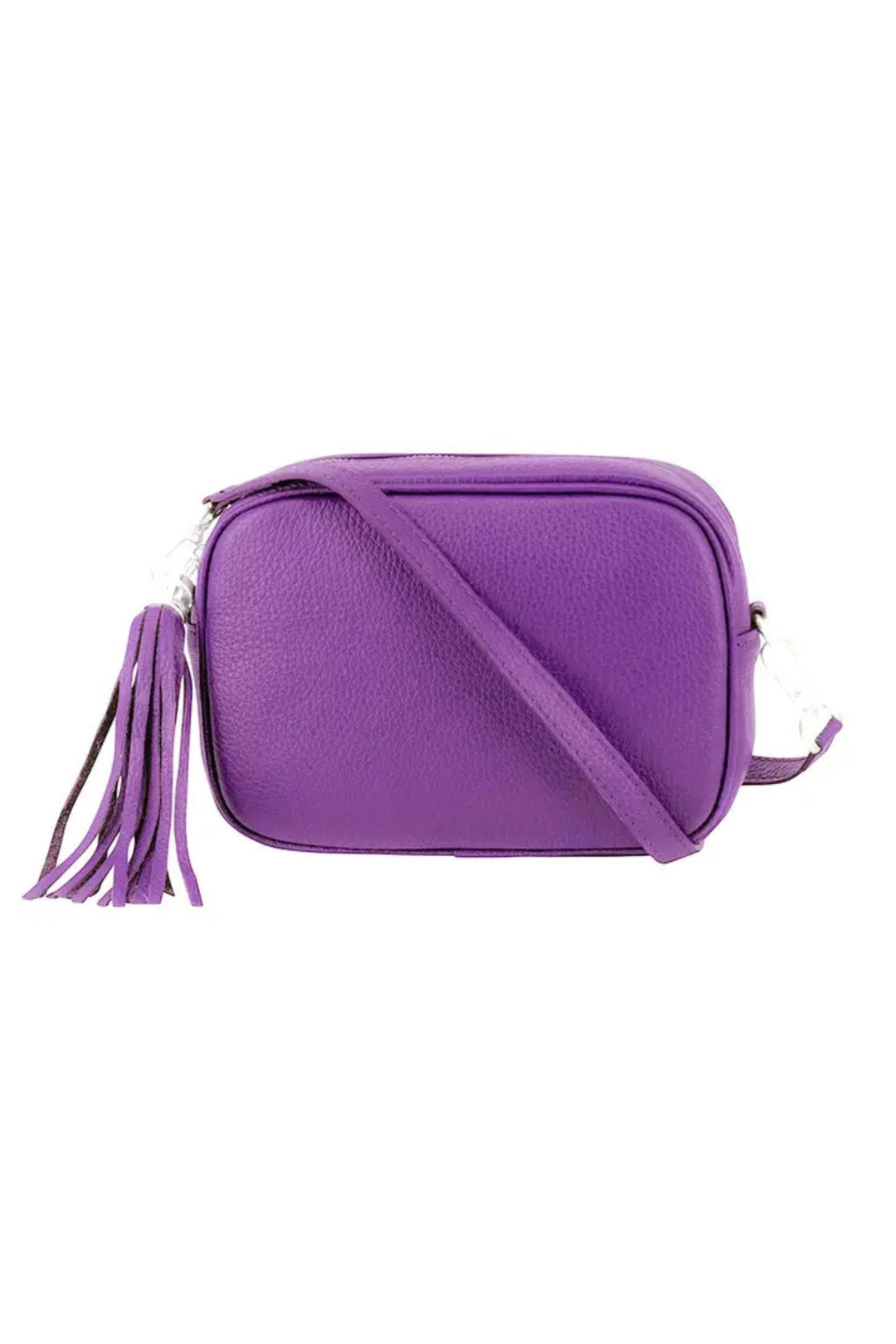 Purple Leather Crossbody Camera Bag With Tassel