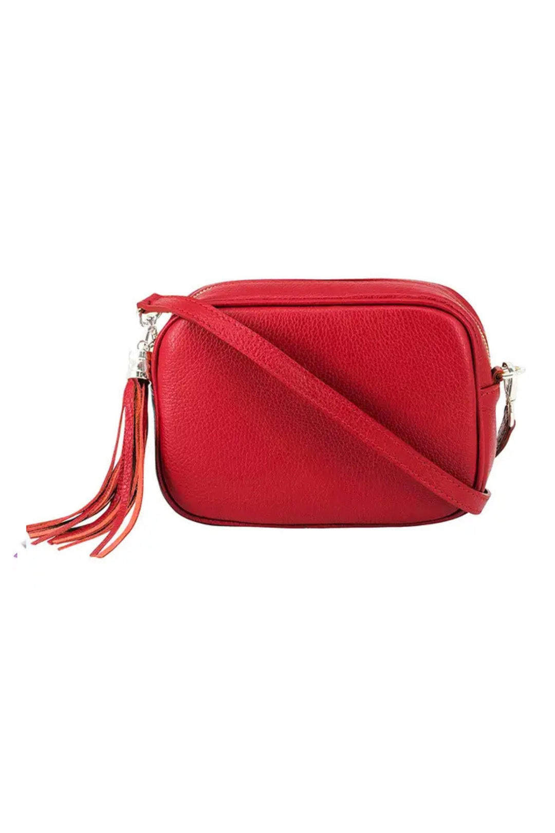 Red Leather Crossbody Camera Bag With Tassel