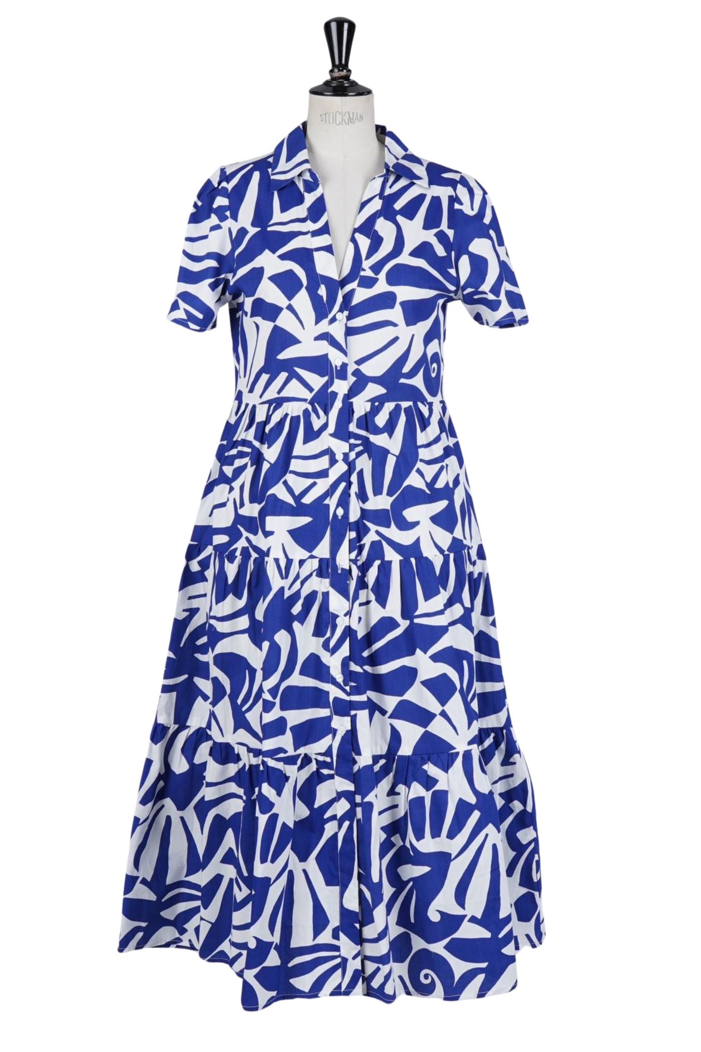 Royal Blue & White Print Shirt Style Dress – Experience Boutique