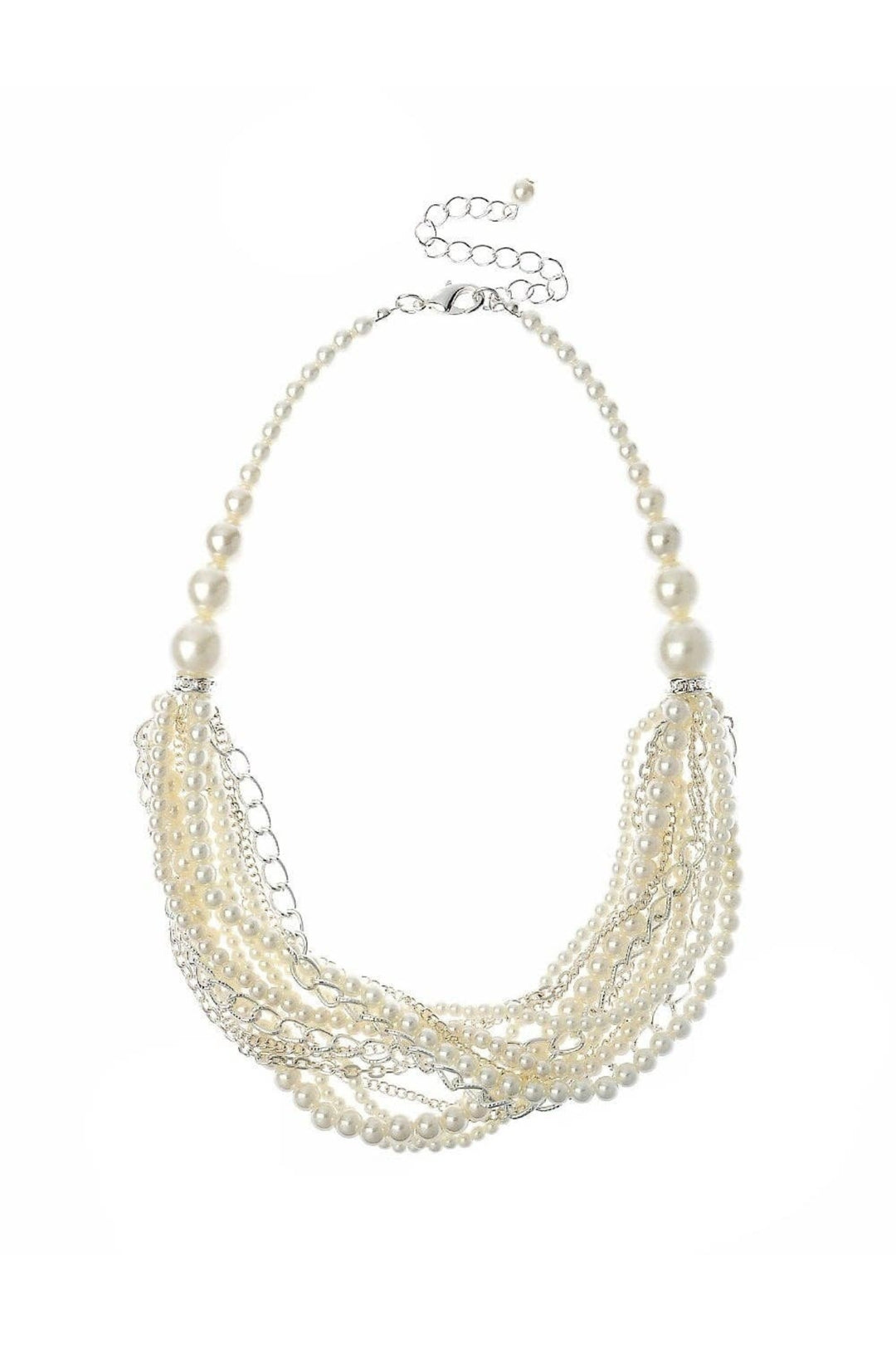 Silver Multi Row Pearl And Chain Necklace