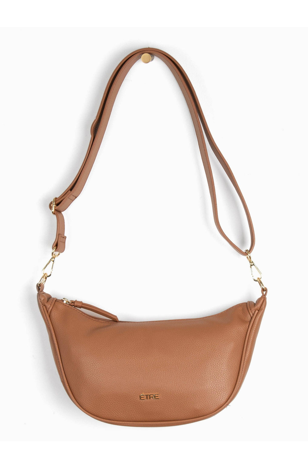Tan Pebbled Faux Leather Half Moon Crossbody Bag