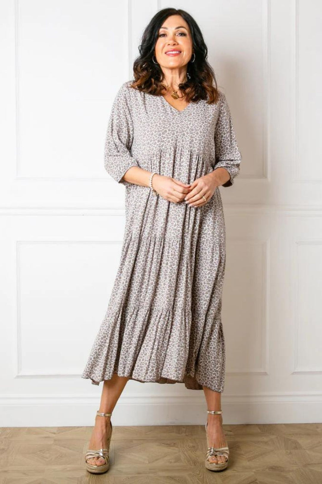 Taupe Animal Print Tiered Maxi Dress