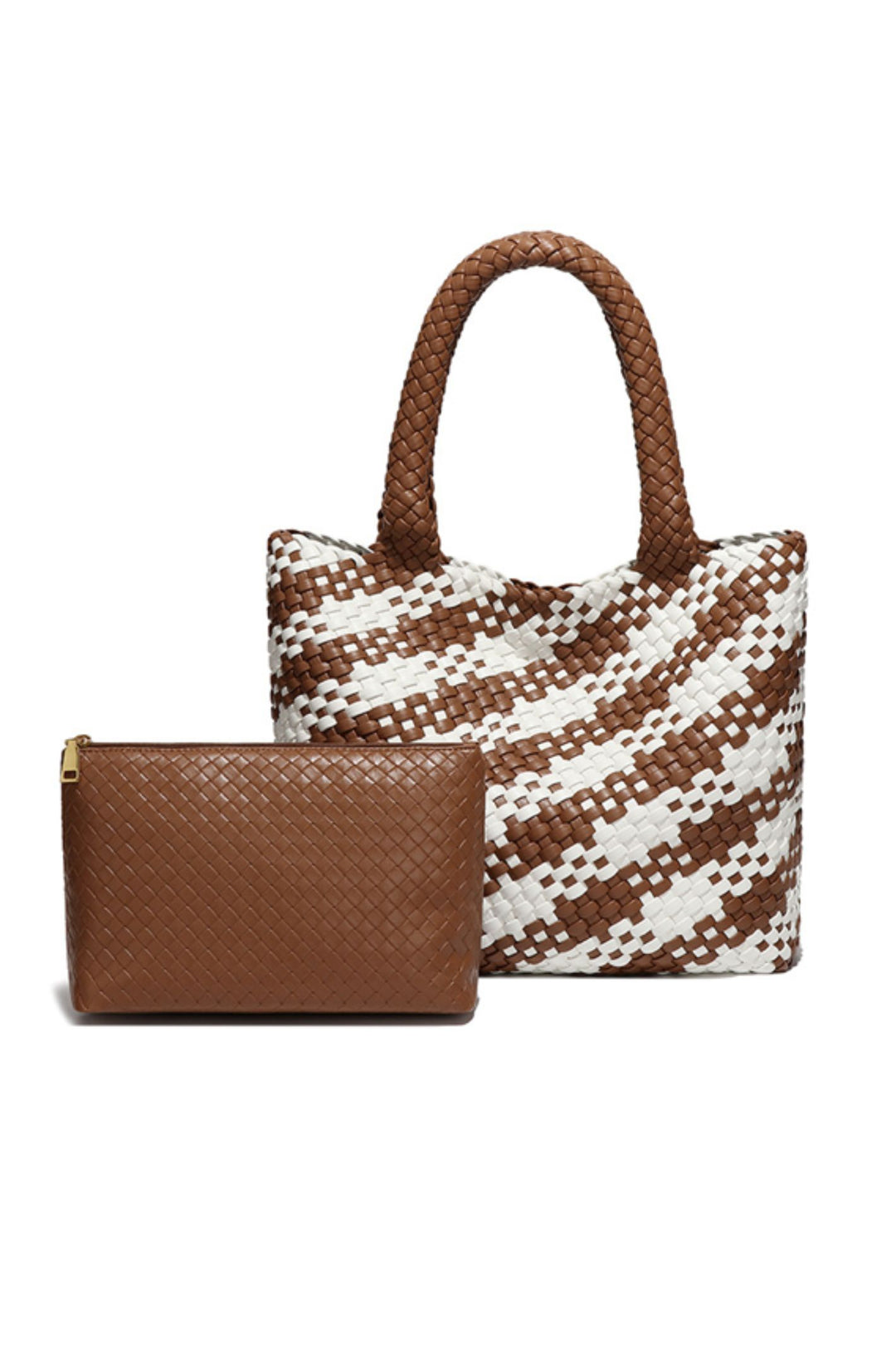 Taupe & White Woven Tote Handbag with Matching Pouch