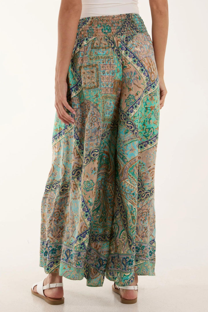 Turquoise Mosaic Art Print Wide Leg Pull-On Trousers