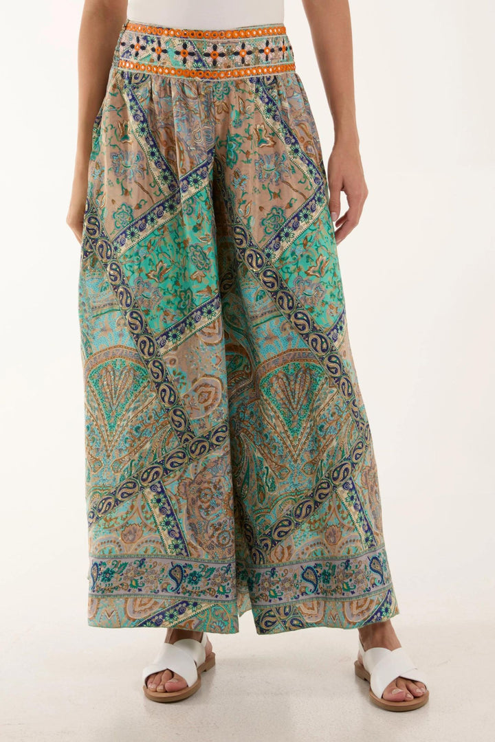Turquoise Mosaic Art Print Wide Leg Pull-On Trousers