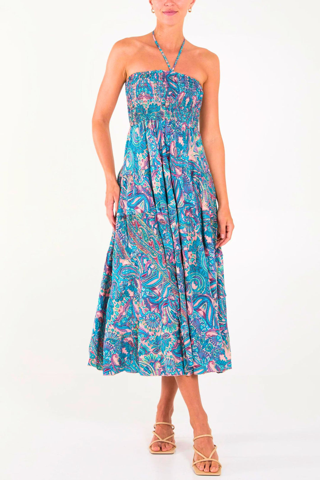 Turquoise & Pink Paisley Print Silky Bandeau Midi Dress