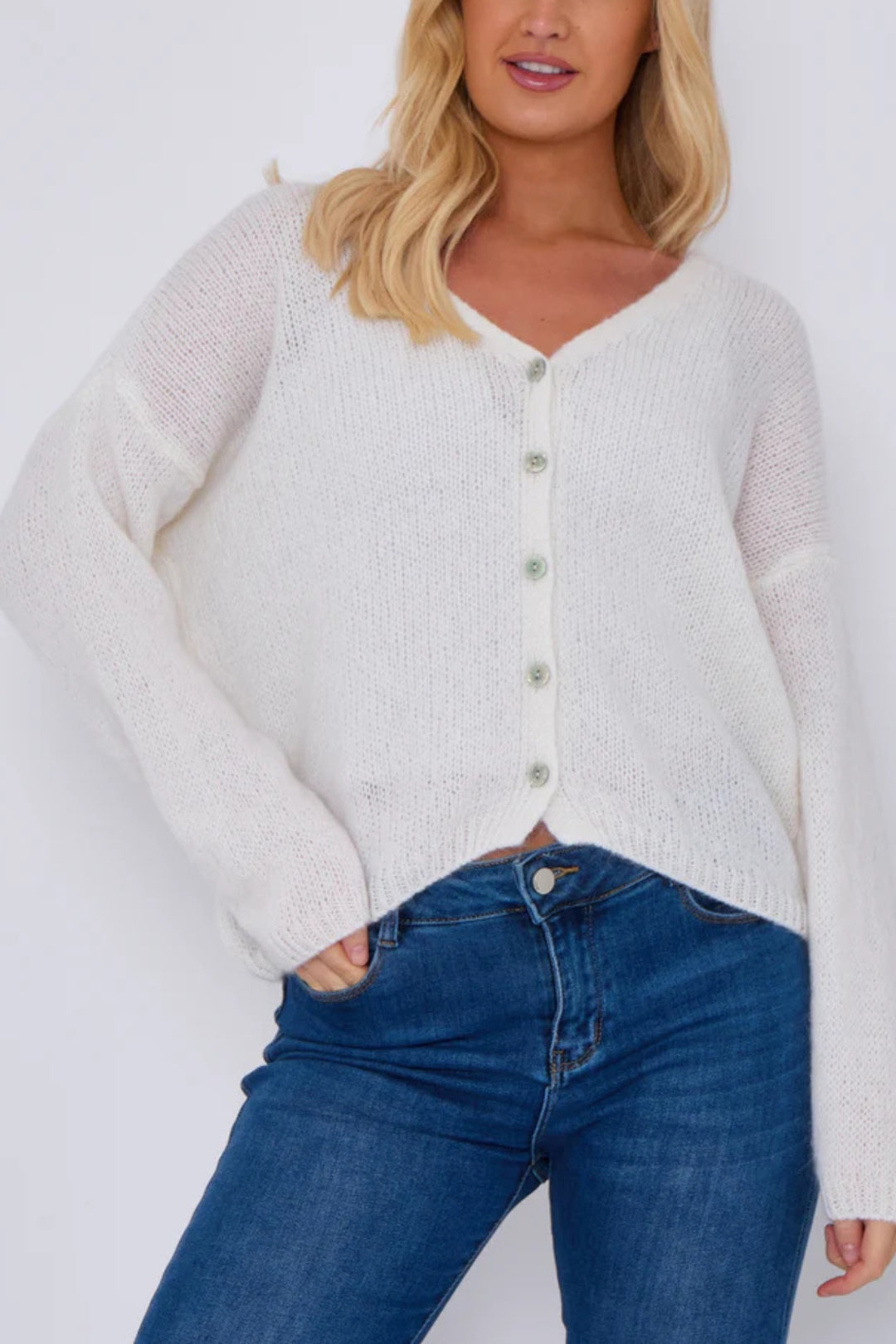 White Mohair Button Through Knitted Cardigan