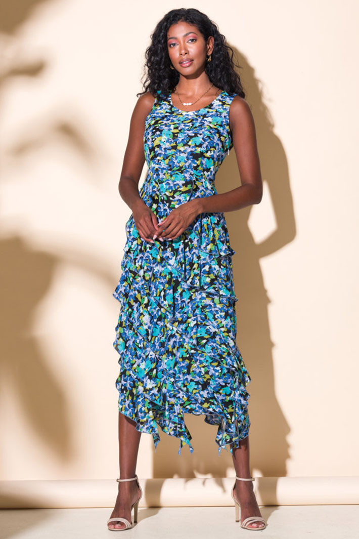 Alison Sheri 43415 Blue Abstract Floral Print Layer Effect Dress