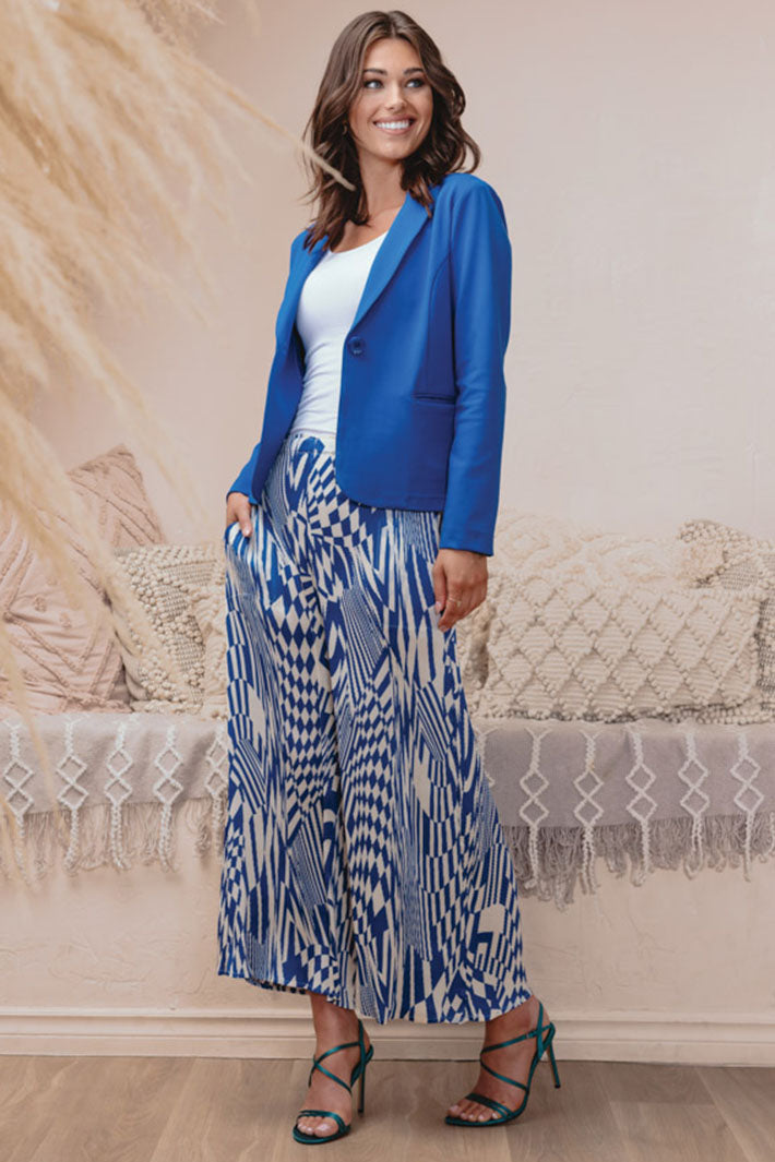 Alison Sheri 43430 Cobalt Blue & White Print Pleated Trousers - Experience Boutique