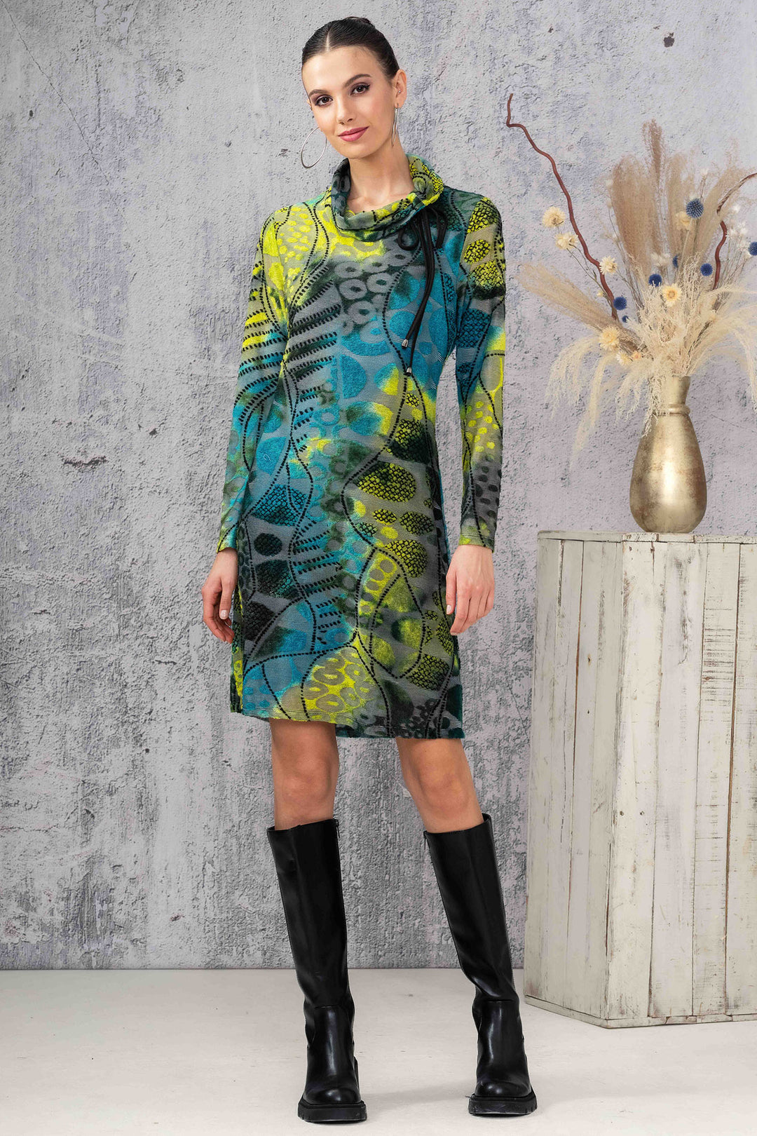 Alison Sheri 44023 Teal Burnout Cowl Neck Dress - Experience Boutique