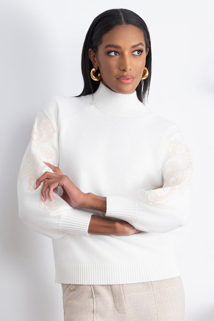 Alison Sheri A46005 Off White Embroidered Sleeve Jumper - Experience Boutique