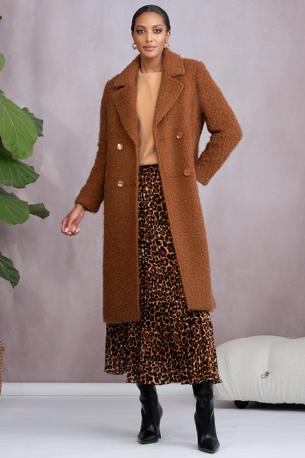 Alison Sheri A46038 Brown Teddy Boucle Long Coat - Experience Boutique