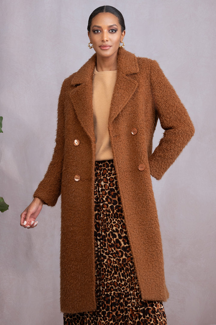 Alison Sheri A46038 Brown Teddy Boucle Long Coat - Experience Boutique