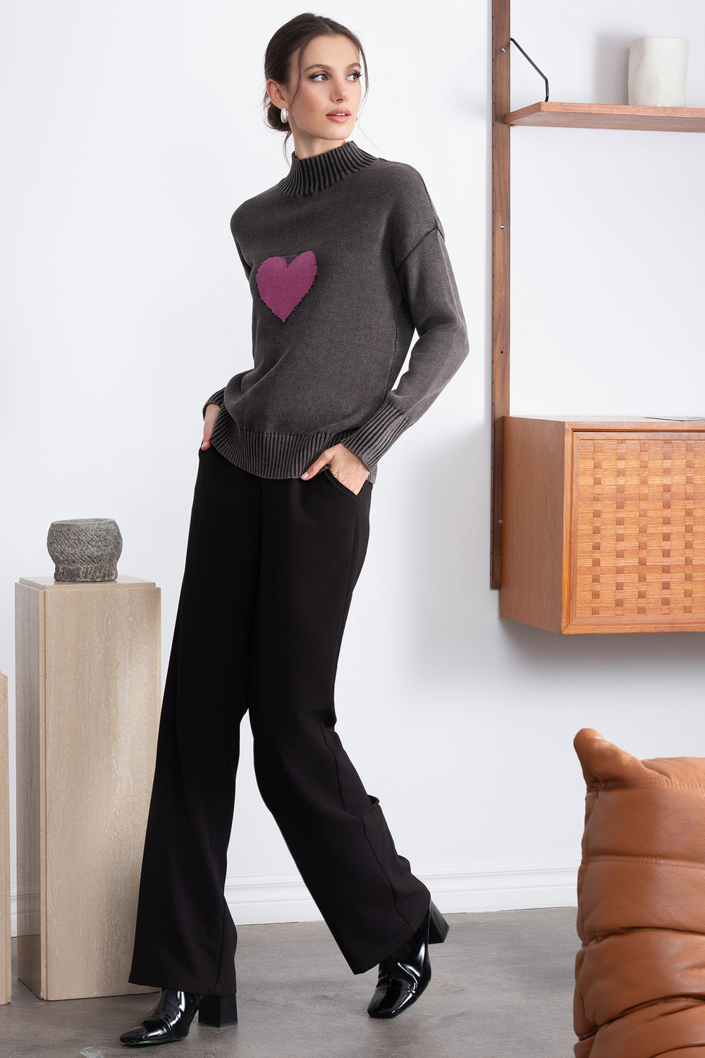 Alison Sheri A46251 Grey Acid Wash Pink Heart Jumper - Experience Boutique