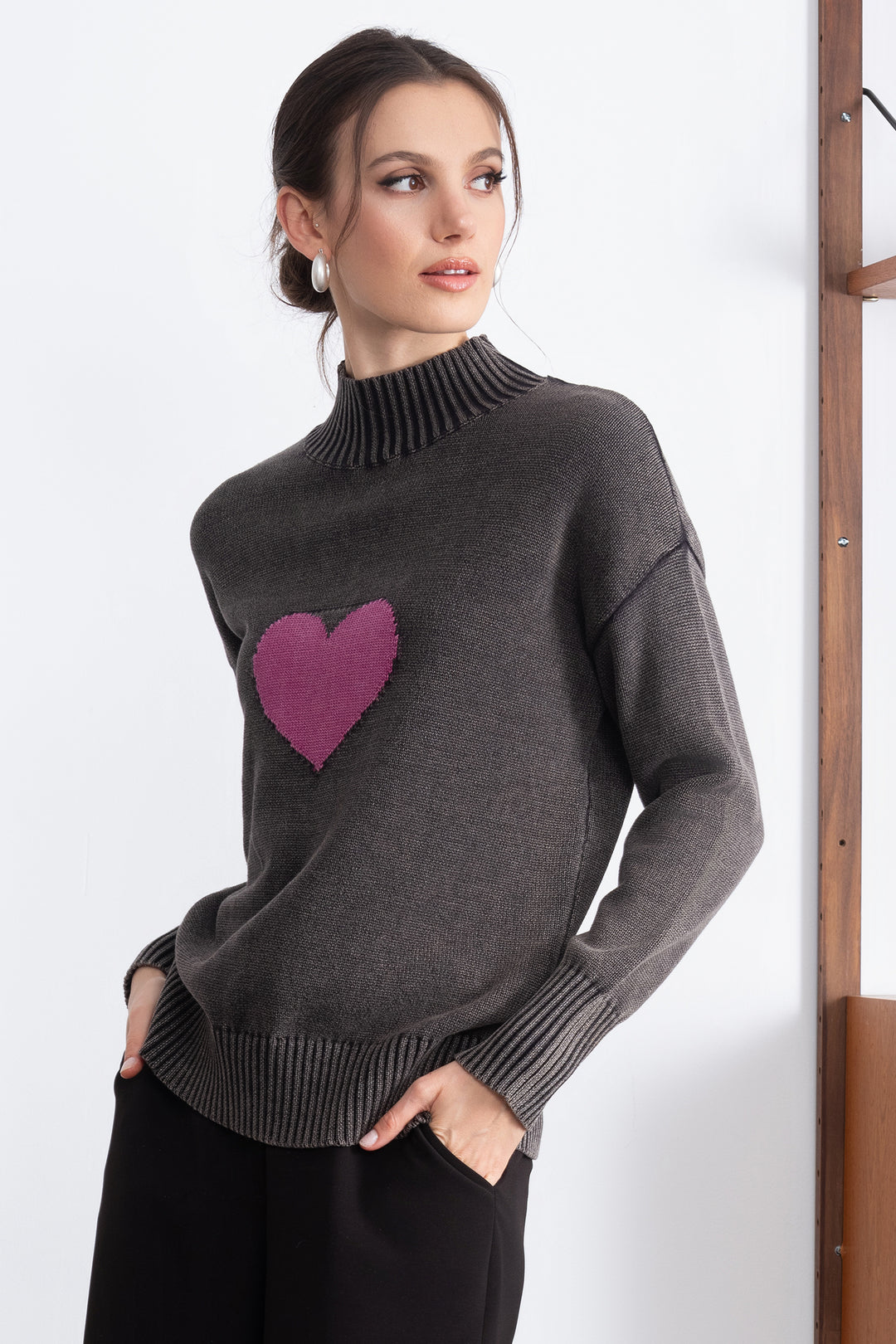 Alison Sheri A46251 Grey Acid Wash Pink Heart Jumper - Experience Boutique