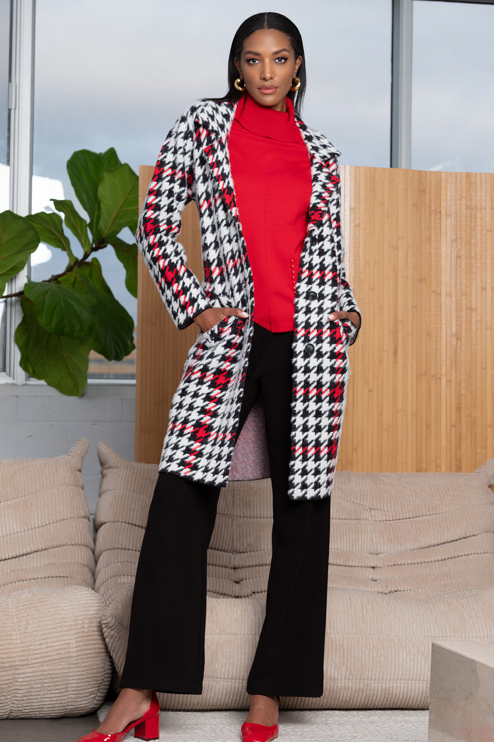 Alison Sheri A46433 Monochrome & Red Houndstooth Coat - Experience Boutique