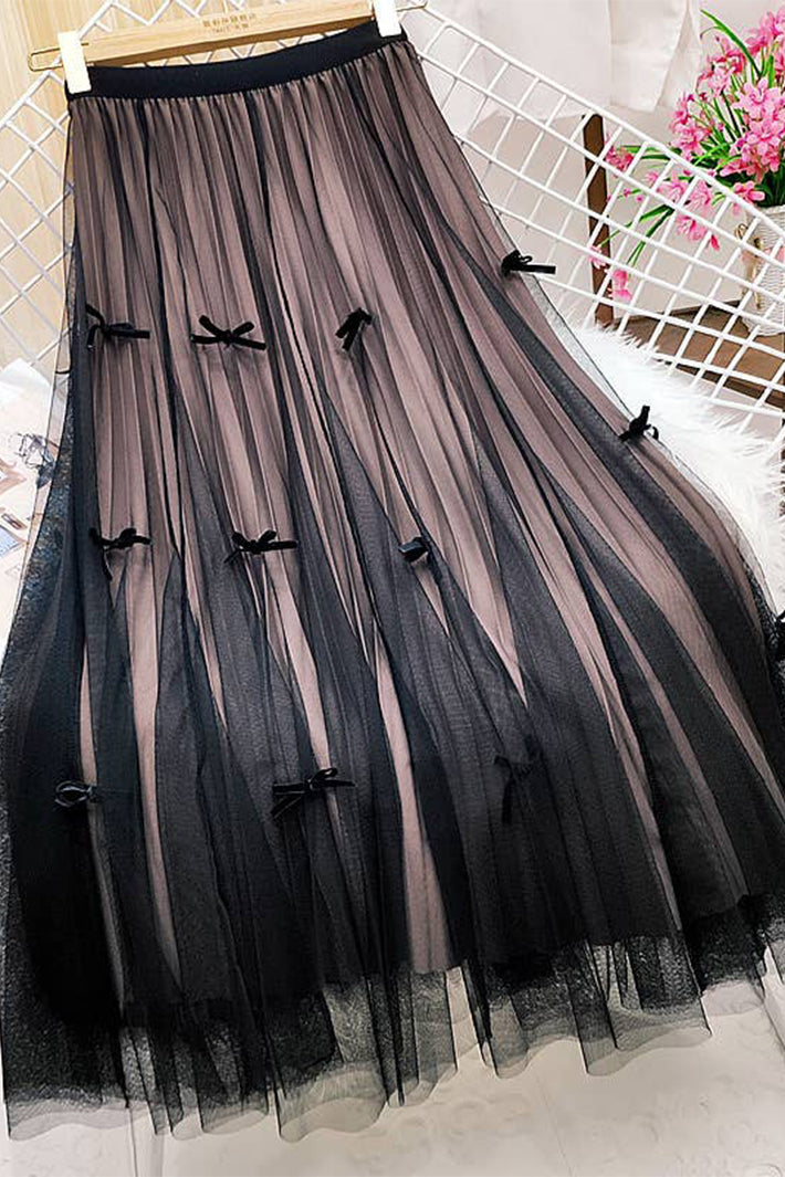 Black Beige Tulle Bow Detail Midi Skirt