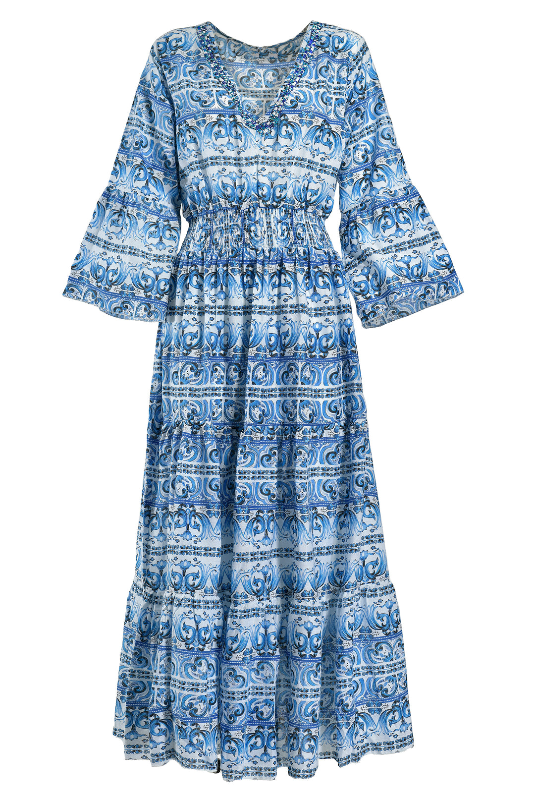 Ble Dress Blue Wave Print Elasticated Waist 5-41-581-0134 - Experience Boutique