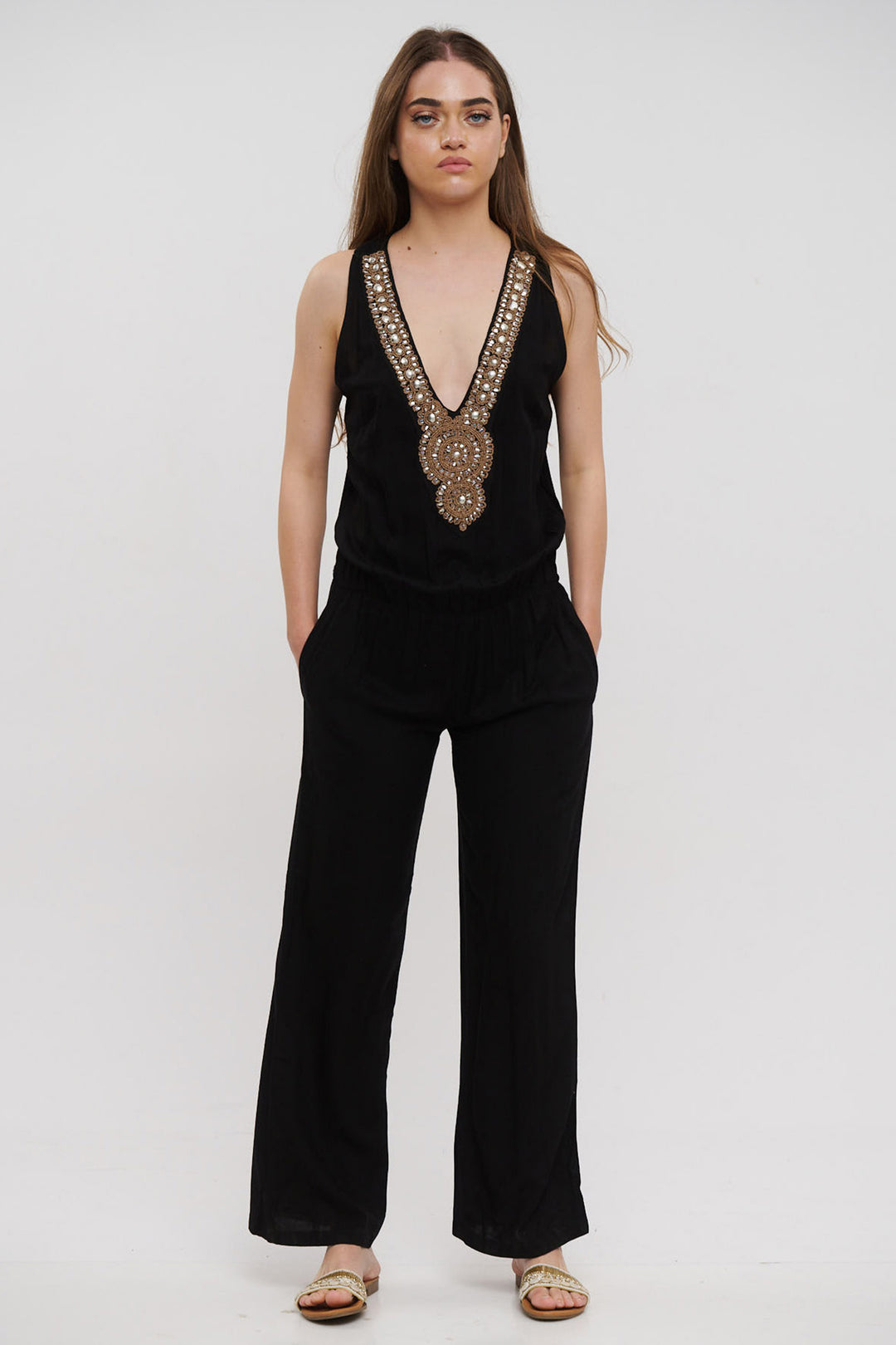 Ble Jumpsuit Black Sleeveless Silver Beaded Neckline 5-41-648-0041 - Experience Boutique