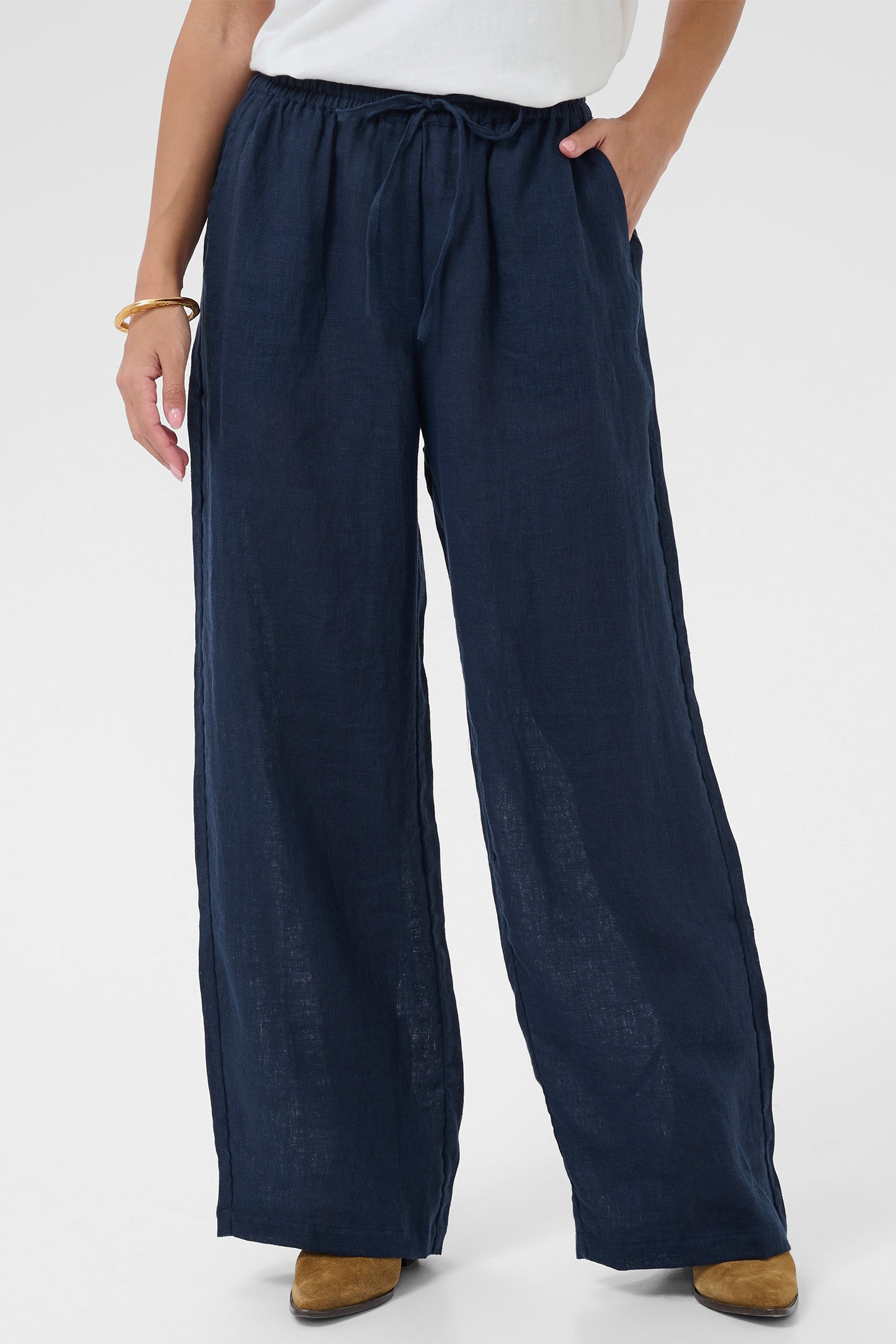 Cream Clothing CRBellis Navy Linen Drawstring Waist Trousers 10611574 ...