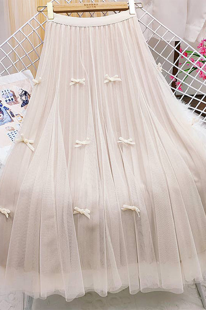 Cream Tulle Bow Detail Midi Skirt