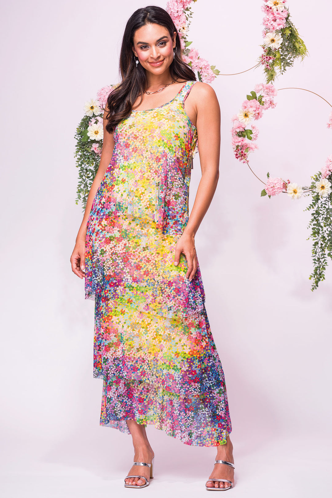 Elena Wang 32148B Yellow Floral Print Layered Maxi Dress - Experience Boutique