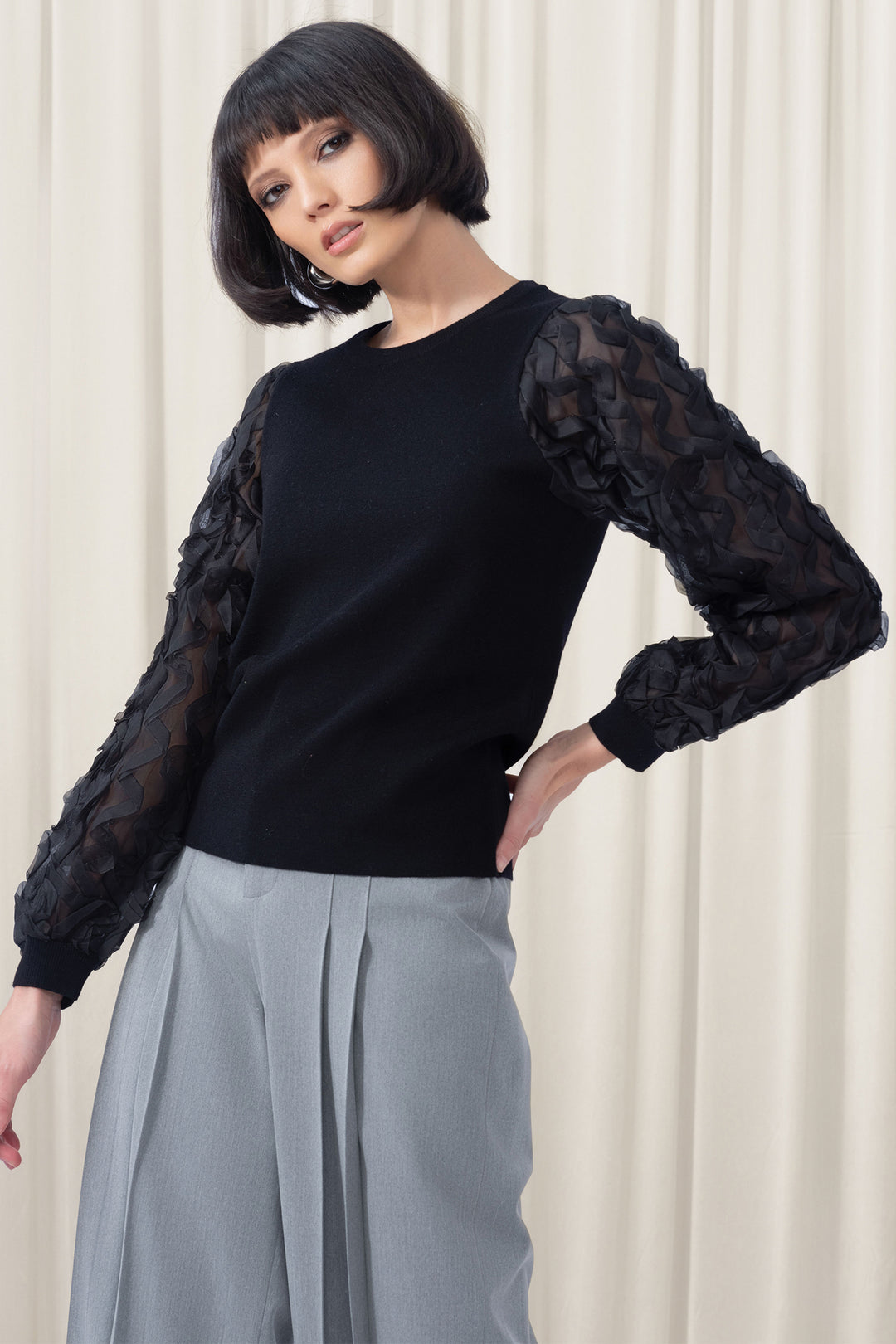 Elena Wang Black Ruffle Sleeve Jumper EW35071