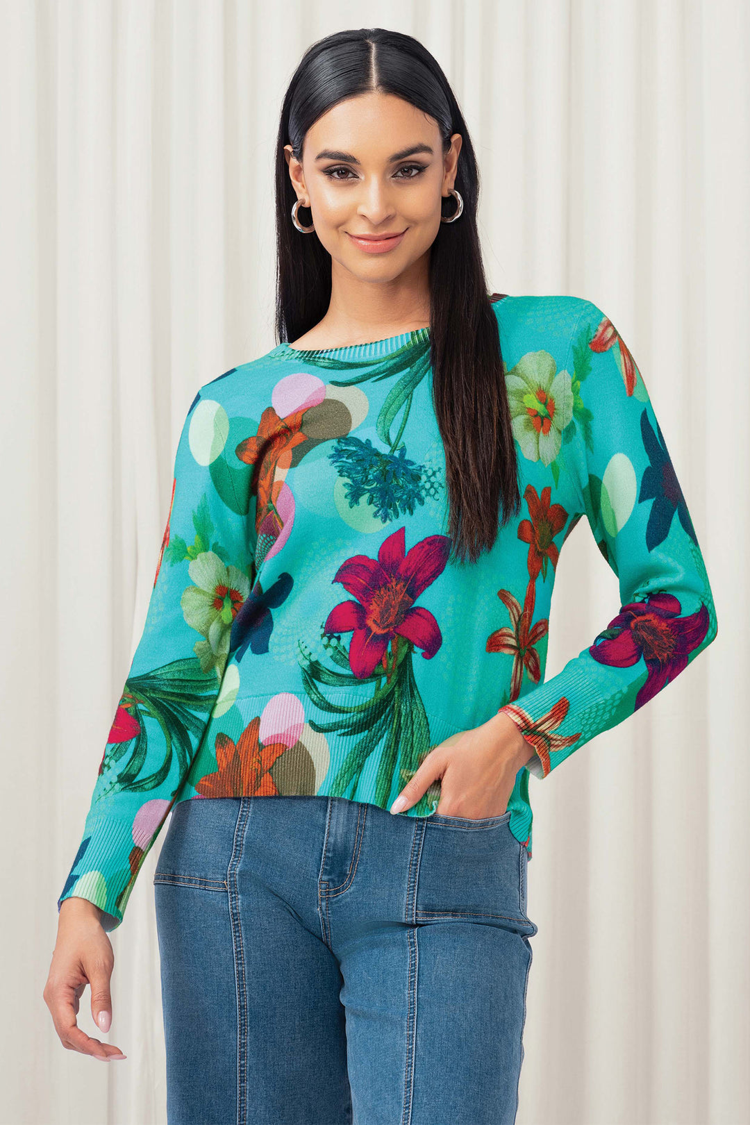 Elena Wang Turquoise Blue Flower Pattern Jumper EW35125