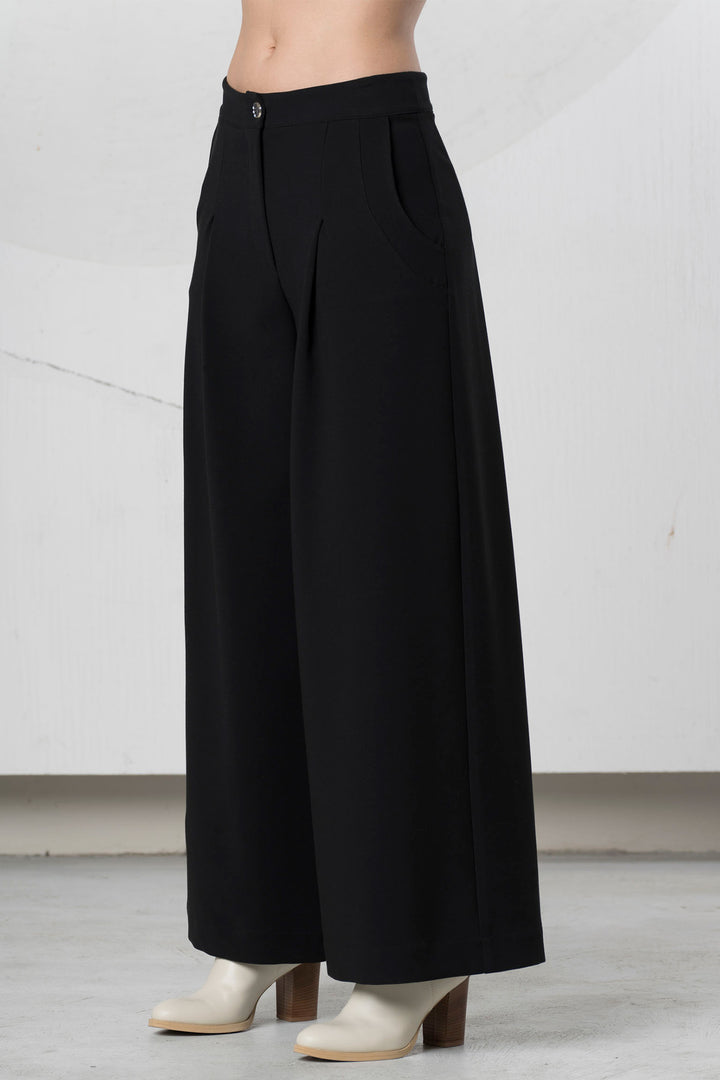 Black wide-leg pants worn by a person on a plain background