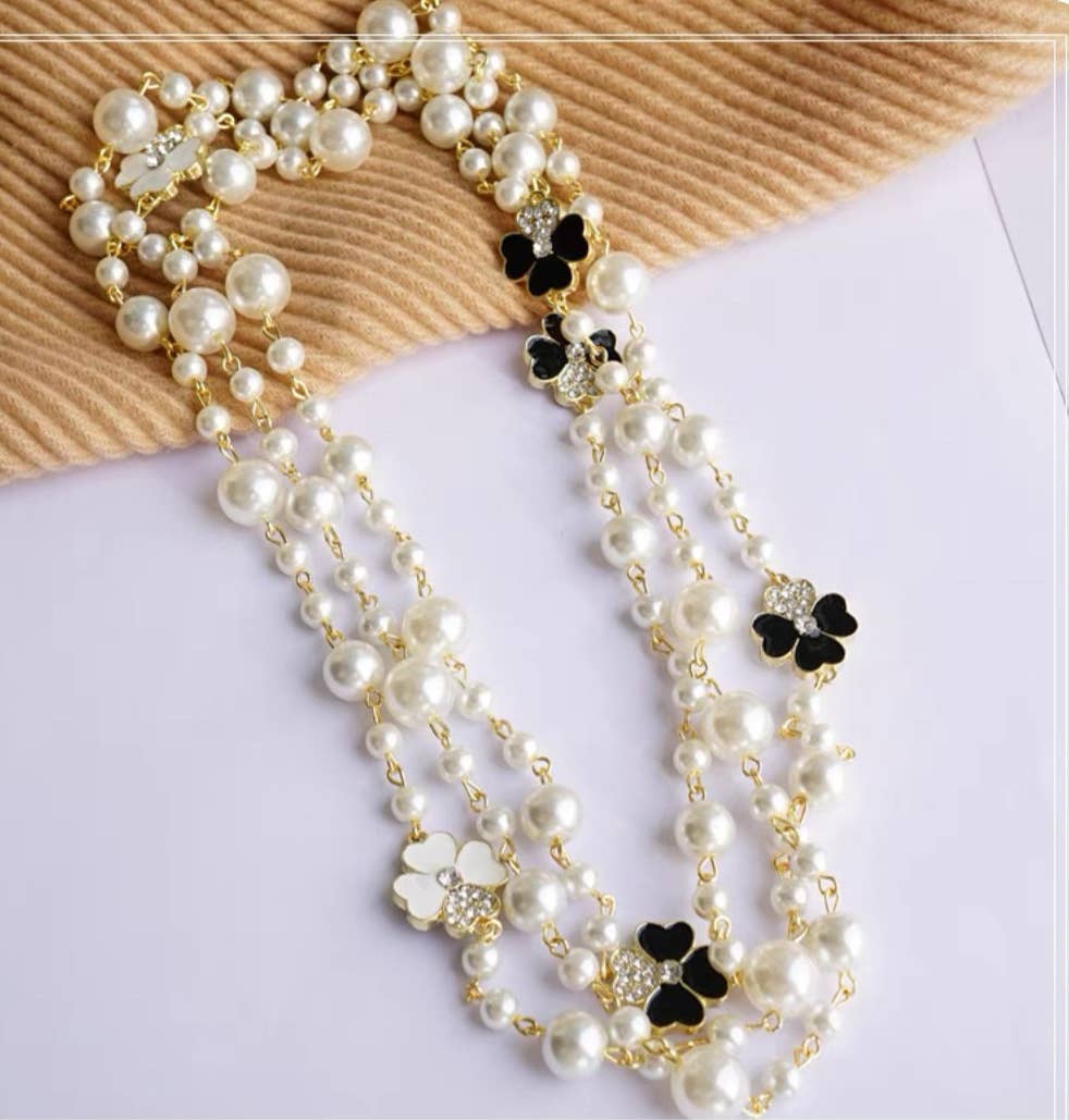 Ivory Pearls Strand Necklace with Flower and Crystals