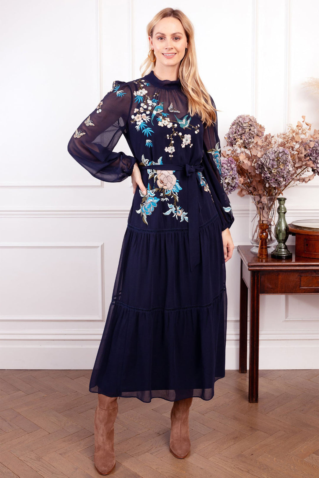 Hope & Ivy The Reine Navy Embroidered Maxi Dress - Experience Boutique
