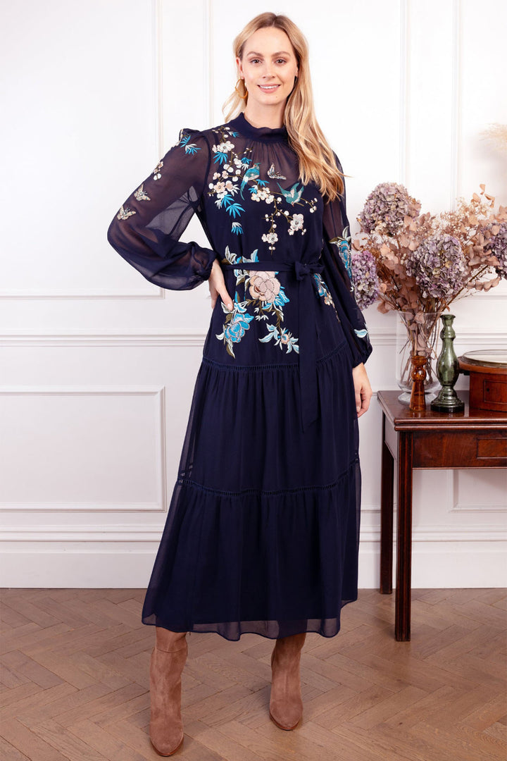 Hope & Ivy The Reine Navy Embroidered Maxi Dress - Experience Boutique