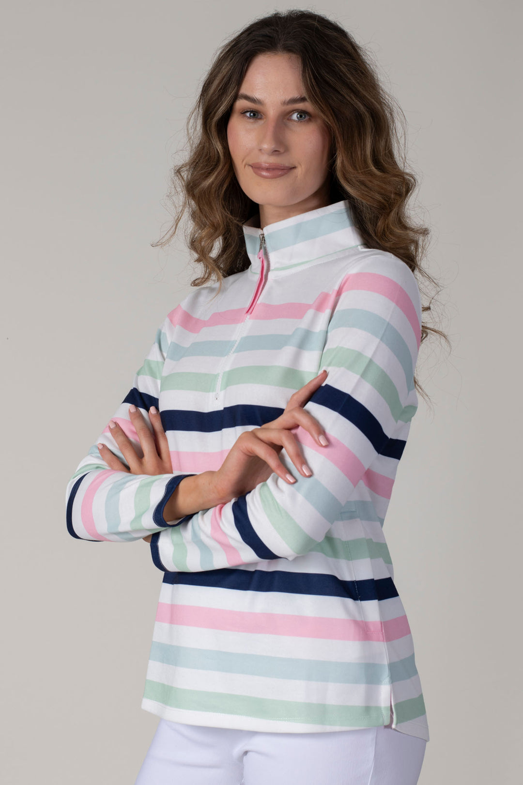 Jessica Graaf 27521-010 Pink Stripe & Mint Half Zip Top - Experience Boutique