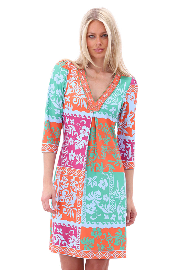 K Design Tile Postcard Print Belted Stretch Shirt Dress Blue/Multi