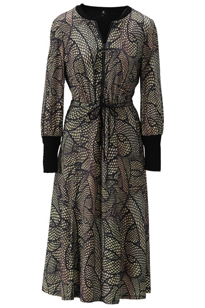 K Design X307 Black Print Half Zip Midi Dress
