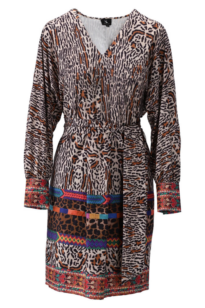 K Design X346 Brown Leopard Print V Neck Tunic Dress