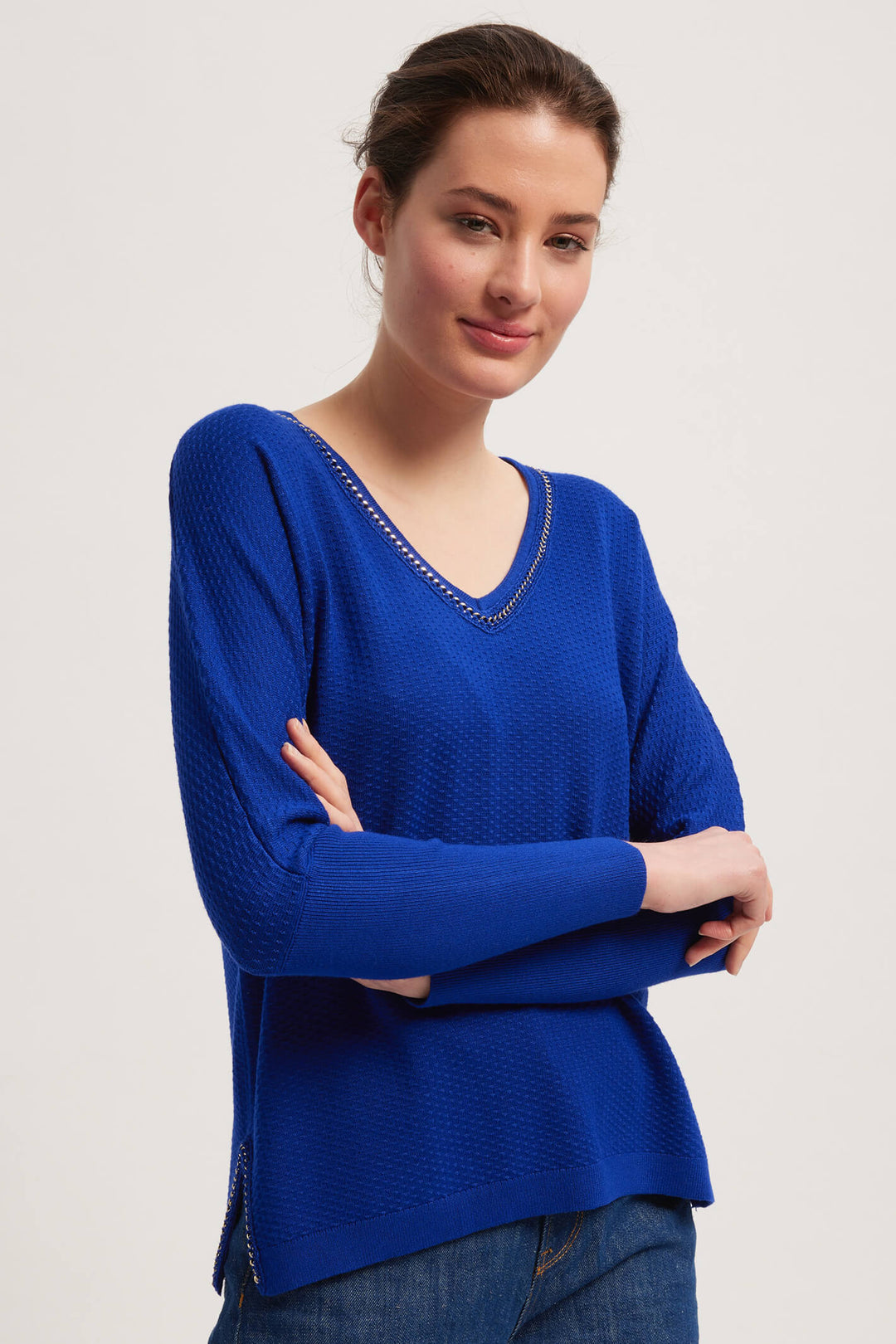 Leo & Ugo BH903 Deep Blue V-Neck Textured Jumper - Experience Boutique