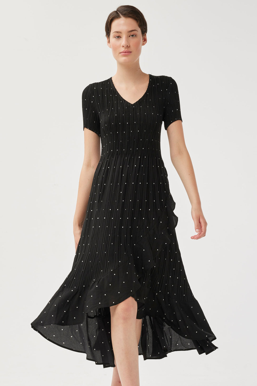 Leo & Ugo KER220 Black Polka Dot Print V-Neck Short Sleeve Pleat Dress - Experience Boutique