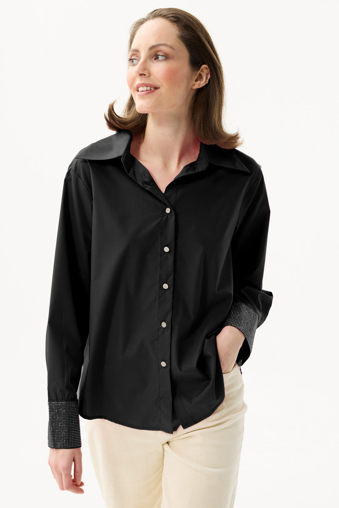 Leo & Ugo Top KH987 Black Wide Collar Diamante Cuff Shirt