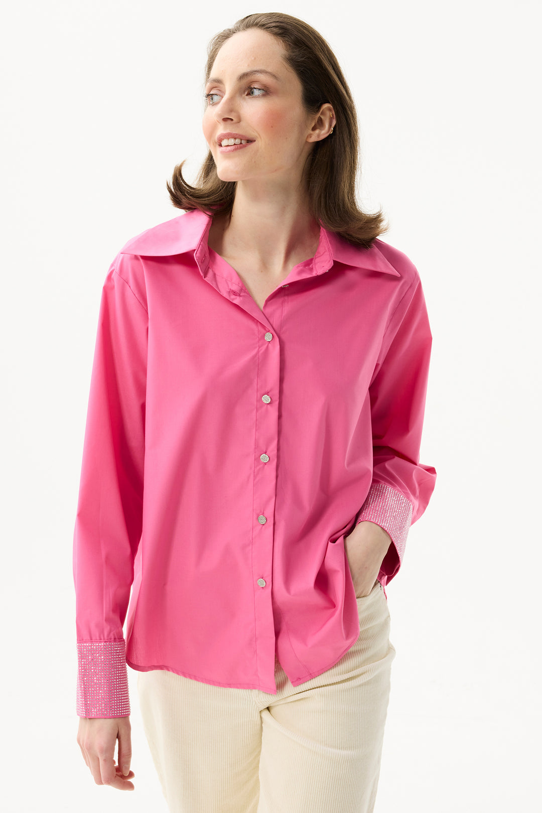 Leo & Ugo Top KH987 Fuchsia Pink Wide Collar Diamante Cuff Shirt