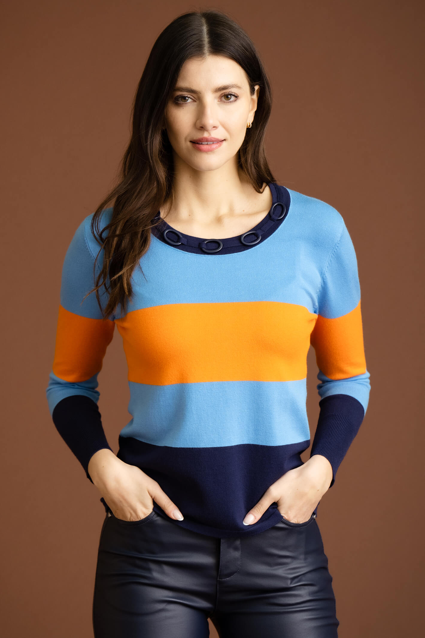 Marble Fashions Stripe Long Sleeve Knit Jumper Khaki/navy/pink 123