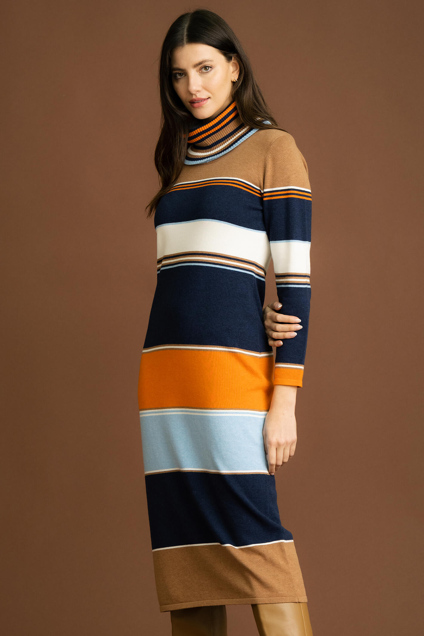 sunday brunch prom dresses Marble Fashion 7216 208 Navy Multi Stripe Knitted Midi Dress – Experience  Boutique